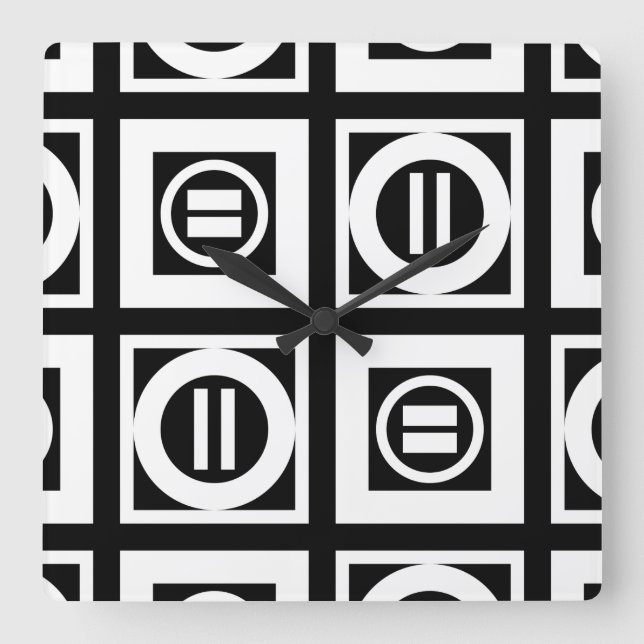 Relógio Quadrado Padrão de Sinal Igual Geométrico em Preto (Frente)