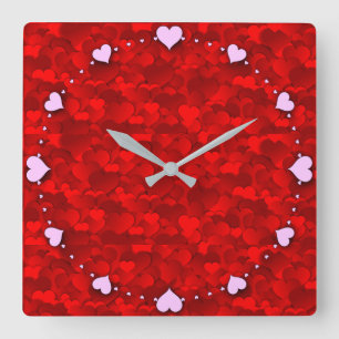 Relógio Quadrado Padrão de Textura de Corações de Amor Vermelho Rom