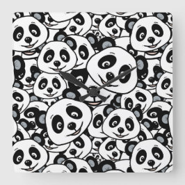 Relógio Quadrado Padrão de Urso Panda Fofo Preto e Branco Moderno
