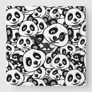 Relógio Quadrado Padrão de Urso Panda Fofo Preto e Branco Moderno