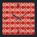 Relógio Quadrado Padrão de wallpaper Art Deco - vermelho e branco<br><div class="desc">Um wallpaper/padrão em forma de maré/Art Deco - profundo,  verdadeiro vermelho,  branco e tons de coral,  com fundo vermelho sólido</div>