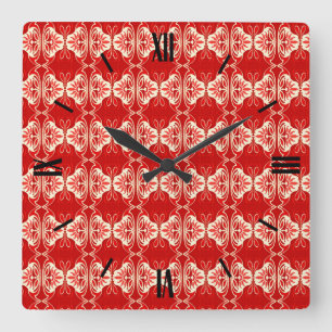 Relógio Quadrado Padrão de wallpaper Art Deco - vermelho e branco
