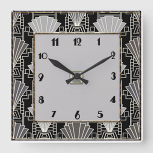 Relógio Quadrado Padrão do ventilador Art Deco - Cinza e preto