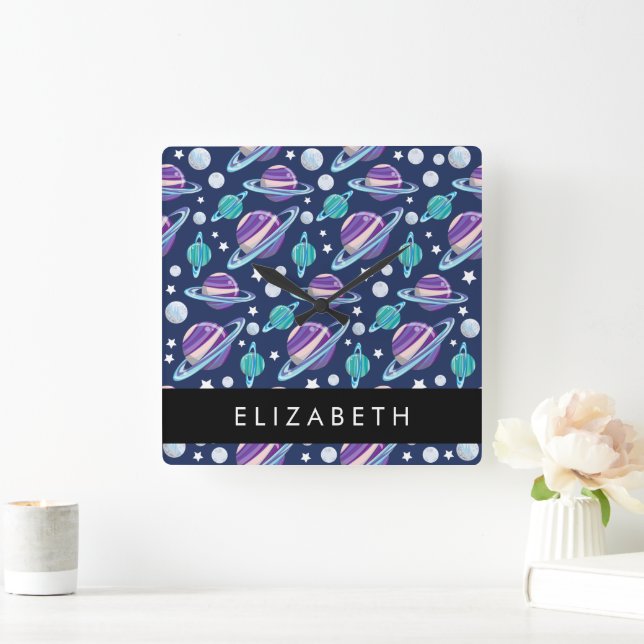 Relógio Quadrado Padrão Espacial, Planetas, Estrelas, Galáxias, Seu (Lar)