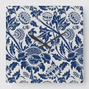 Relógio Quadrado Padrão floral azul intricado em fundo claro