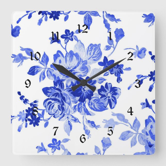 Relógio Quadrado Padrão Floral Branco e Azul da Vintage (Frente)
