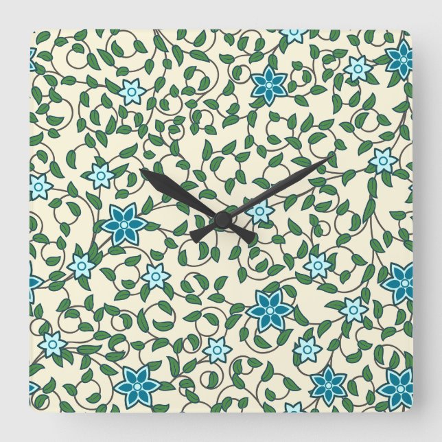 Relógio Quadrado Padrão floral contínuo em fundo bege (Frente)