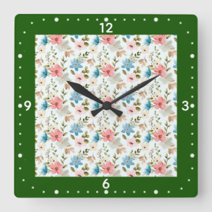Relógio Quadrado Padrão Floral de Flores Silvestres Aquarela