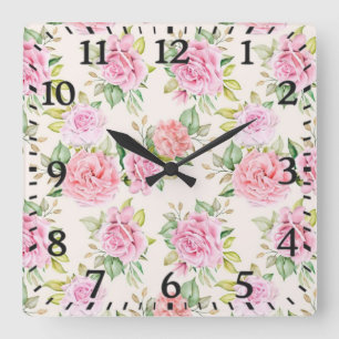 Relógio Quadrado Padrão Floral de Rosa Romântica Elegante