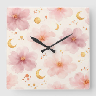Relógio Quadrado Padrão Floral em Aquarela Rosa Elegante