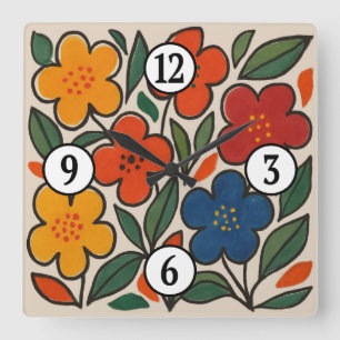 Relógio Quadrado Padrão Floral Estilo Retro Anos 60