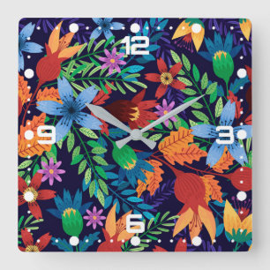 Relógio Quadrado Padrão Floral Exótico Colorido-32436