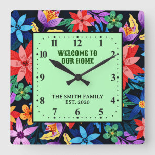Relógio Quadrado Padrão Floral Exótico Texto Personalizado-68578