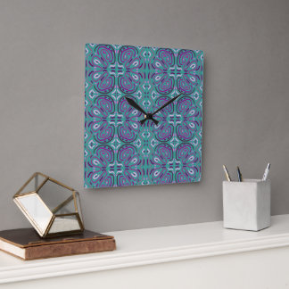 Relógio Quadrado Padrão Floral Feminino Roxo em Turquesa
