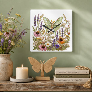 Relógio Quadrado Padrão Floral Flor Silvestre Botânica Mariposa Lun