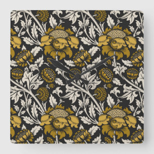 Relógio Quadrado Padrão floral ornamentado com grandes flores doura