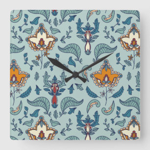 Relógio Quadrado Padrão floral ornamentado em um fundo azul claro