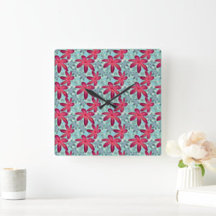 Relógio Quadrado Padrão Floral Rosa e Azul Sem Costura