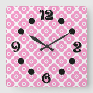 Relógio Quadrado Padrão floral simples rosa e branco