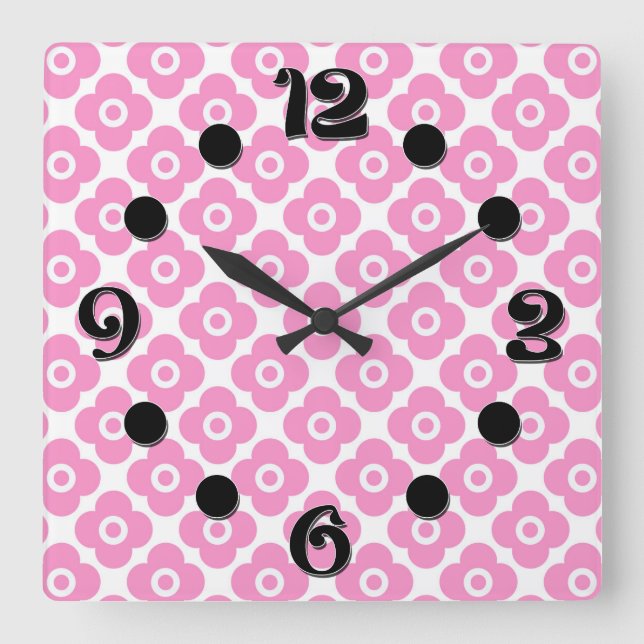 Relógio Quadrado Padrão floral simples rosa e branco (Frente)