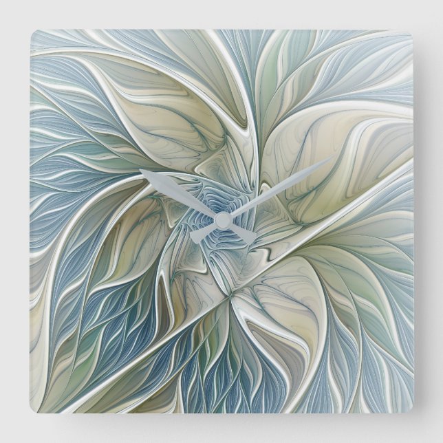 Relógio Quadrado Padrão Floral Sonho Abstrato Caqui Azul Fractal (Frente)