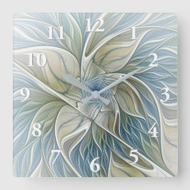 Relógio Quadrado Padrão Floral Sonho Abstrato Caqui Azul Fractal