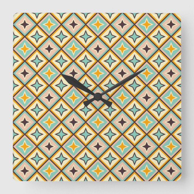 Relógio Quadrado Padrão geométrico abstrato com formas de diamante (Frente)