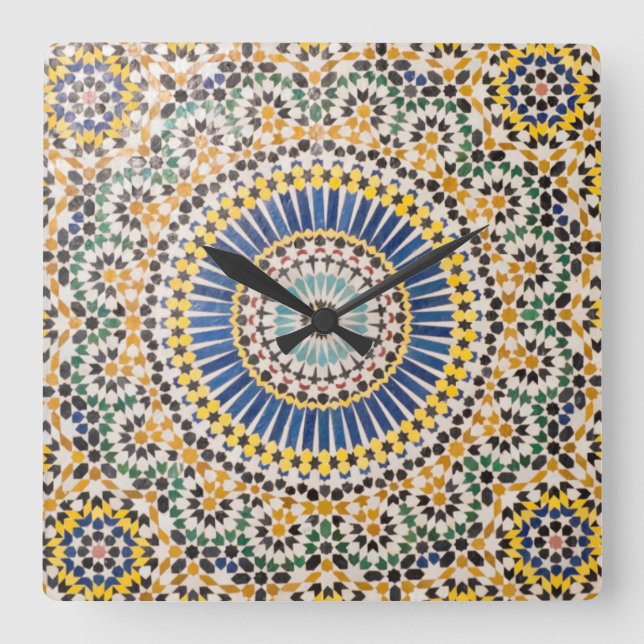 Relógio Quadrado Padrão geométrico de azulejos, Marrocos (Frente)