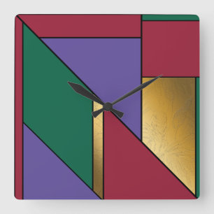 Relógio Quadrado Padrão Geométrico Dourado Vermelho Verde Roxo