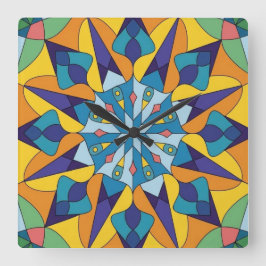 Relógio Quadrado Padrão geométrico fractal azul e amarelo