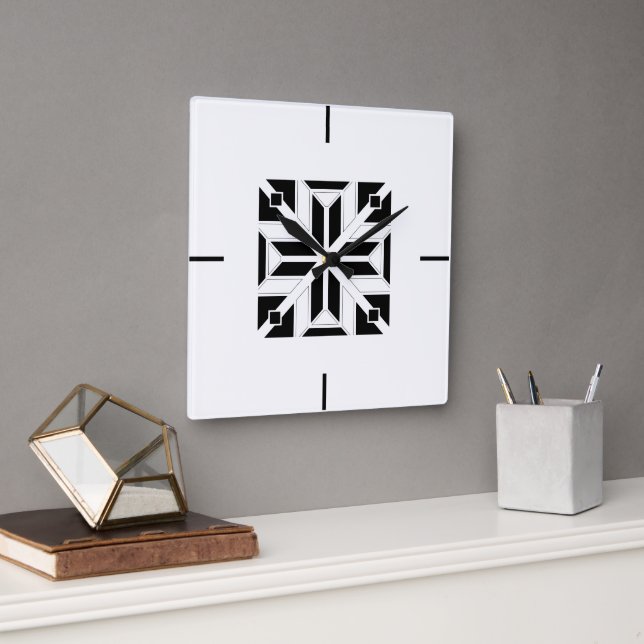 Relógio Quadrado Padrão Geométrico Preto e Branco Elegante (Escritório)