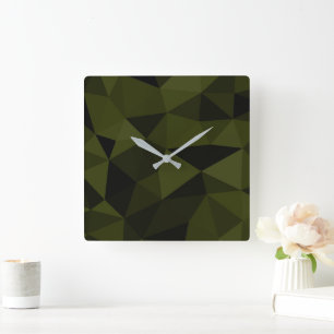 Relógio Quadrado Padrão geométrico preto verde do exército escuro l