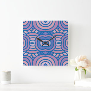 Relógio Quadrado Padrão Geométrico Retroativo em Azul e Rosa