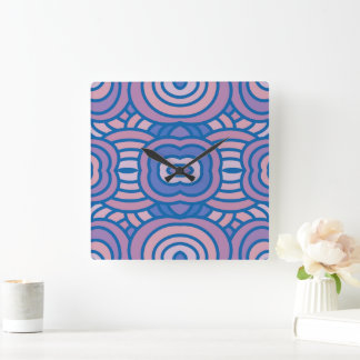 Relógio Quadrado Padrão Geométrico Retroativo em Azul e Rosa