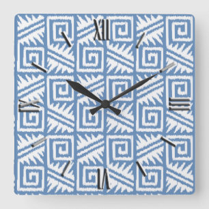 Relógio Quadrado Padrão Ikat Aztec - Azul-Céu e Branco
