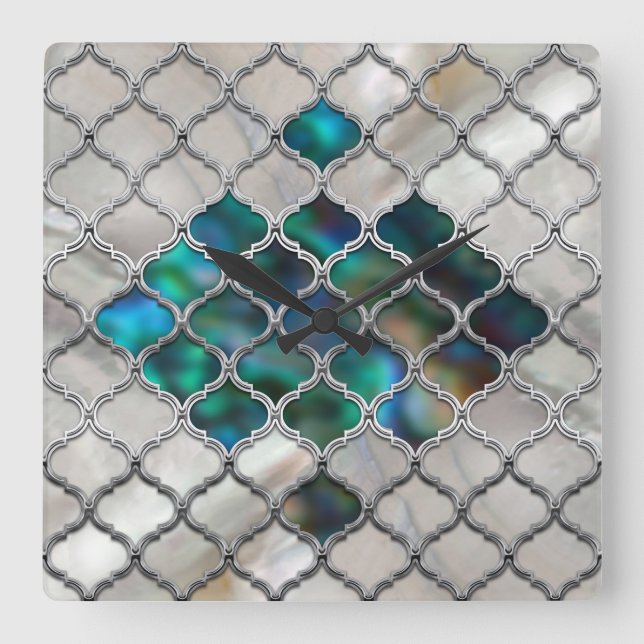 Relógio Quadrado Padrão marroquino na pérola e casca colorida (Frente)