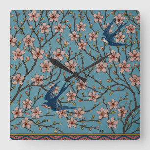 Relógio Quadrado Padrão Retrô de Andorinha Floral Azul por Walter C