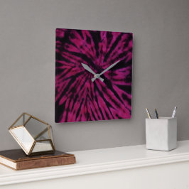 Relógio Quadrado Padrão Retro Hippie Roxo Rosa Tie-Dye Preto