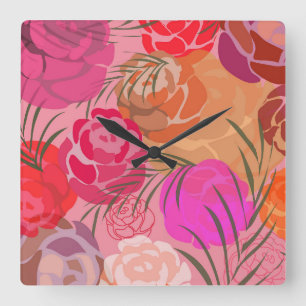 Relógio Quadrado Padrão rosa com flores e plantas