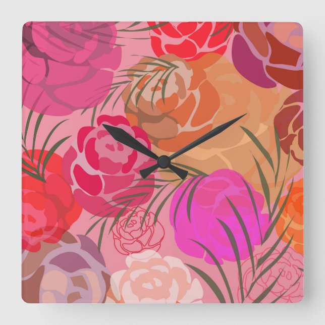 Relógio Quadrado Padrão rosa com flores e plantas (Frente)