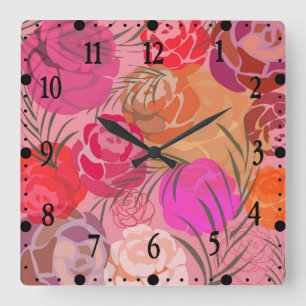 Relógio Quadrado Padrão rosa com flores e plantas