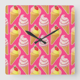 Relógio Quadrado Padrão rosa Kawaii com sorvete de morango