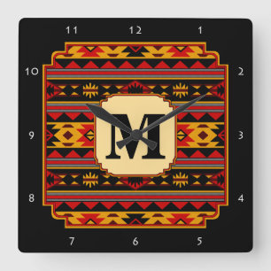 Relógio Quadrado Padrão Tribal Dourado Vermelho Design do Sudoeste