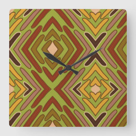 Relógio Quadrado Padrão Tribal Étnico Vermelho Verde Dourado