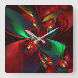 Relógio Quadrado Padrão Verde Vermelho Abstrato Floral Moderno #11