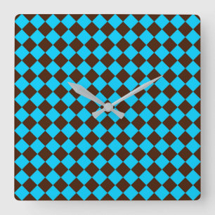 Relógio Quadrado Padrão Xadrez Diamante Azul Marrom