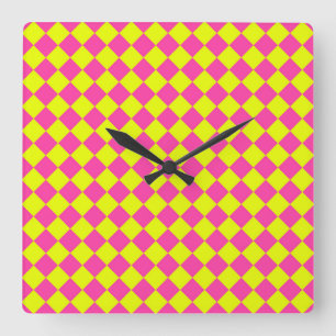 Relógio Quadrado Padrão Xadrez Diamante Rosa Amarelo