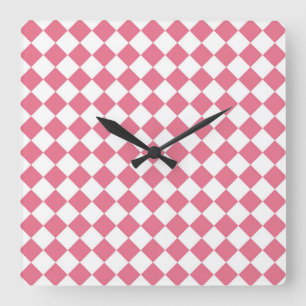 Relógio Quadrado Padrão Xadrez Diamante Rosa Branco