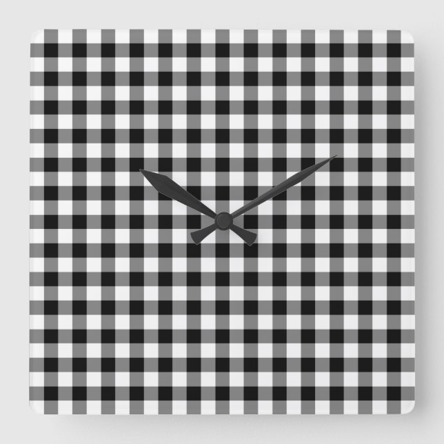 Relógio Quadrado Padrão Xadrez Preto e Branco Gingham (Frente)