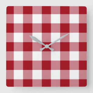 Relógio Quadrado Padrão Xadrez Vermelho e Branco de Cranberry